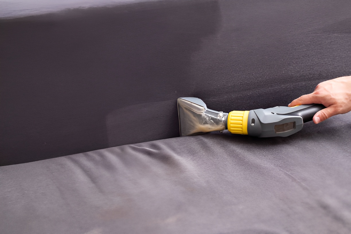 close-up of a hand cleaning a gray upholstered couch using a vacuum cleaner